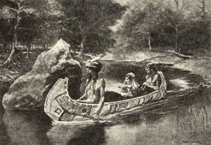 Wierp het recht in de rivier... Waar het nog steeds te zien is in de zomer, uit Het Lied van Hiawatha door Henry Wadsworth Longfellow, gepubliceerd door George G. Harrap und Company Ltd., 1911